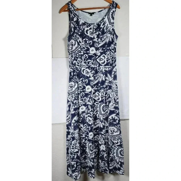 Talbots Navy and White Floral Print Keyhole Neck Sleeveless Maxi Dress Size M - Picture 7 of 9